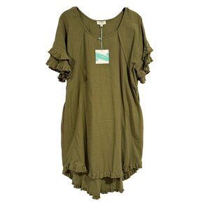 Umgee Short Sleeve Round Neck Ruffle Trim Olive‎ Green Dress w/ Pockets Sz S NWT